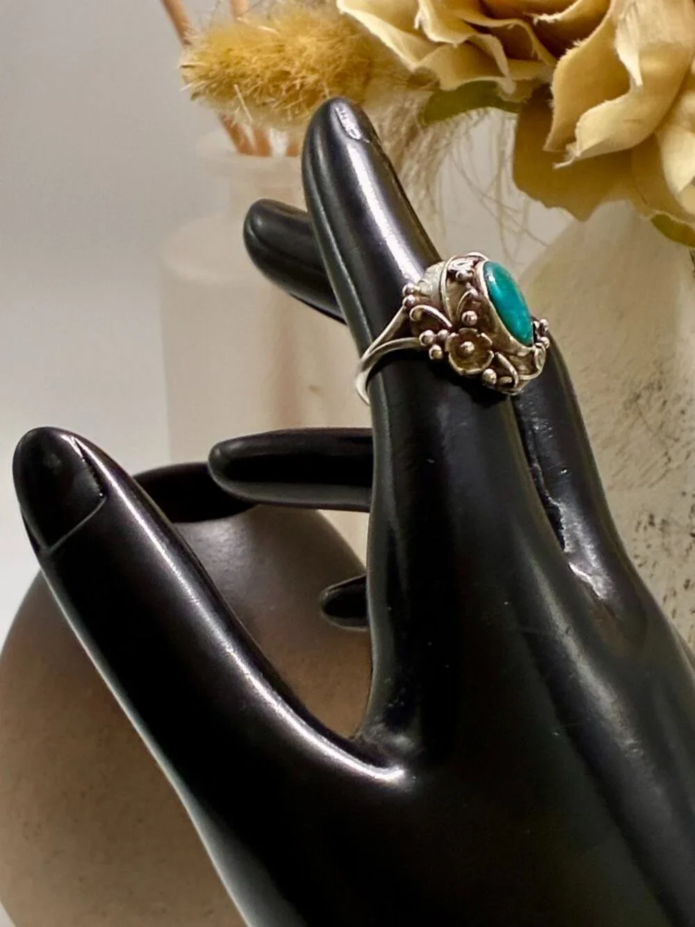 Vintage Handmade Navajo Sterling Silver Genuine Turquoise Feather Statement Ring